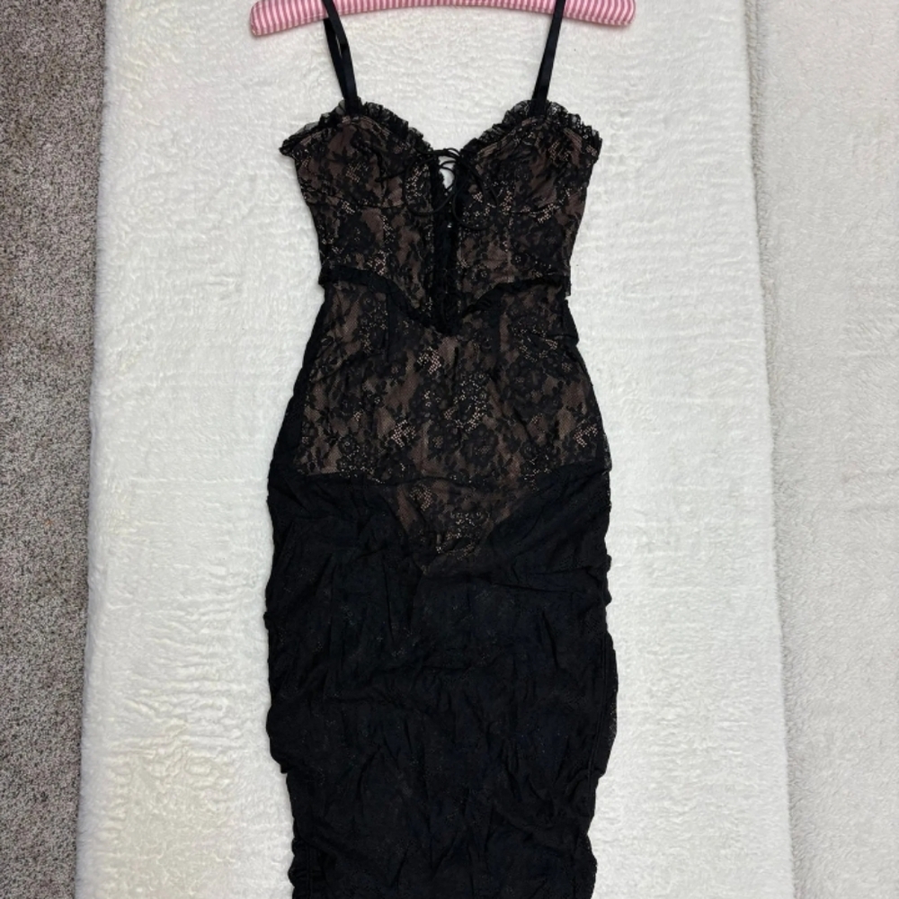 For Love And Lemons Gracie Dress, Black Lace Midi Dress With Tie Up Bust Size S - Picture 8 of 8